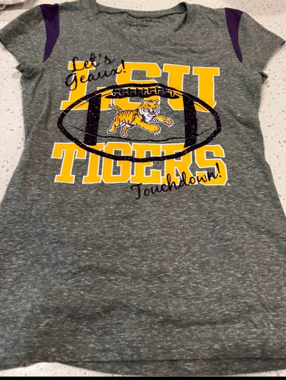 5th & Ocean Grey Kids LSU Tigers Football Tee Purple Gold & Glitter Graphics 10